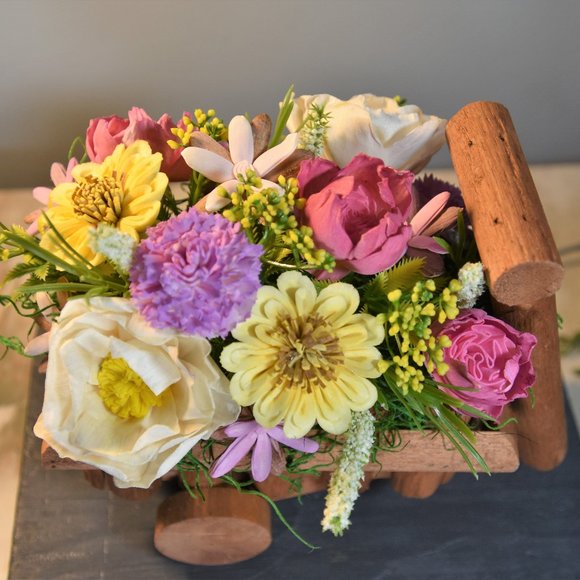 Cheerful garden arrangement of airbrushed Sola wood flowers in a garden cart - Picture 3 of 15
